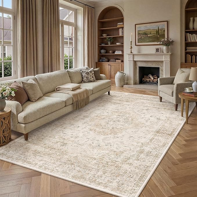 PureCozy 9x12 Washable Area Rug Beige Vintage Distressed Large Rug - Image 2