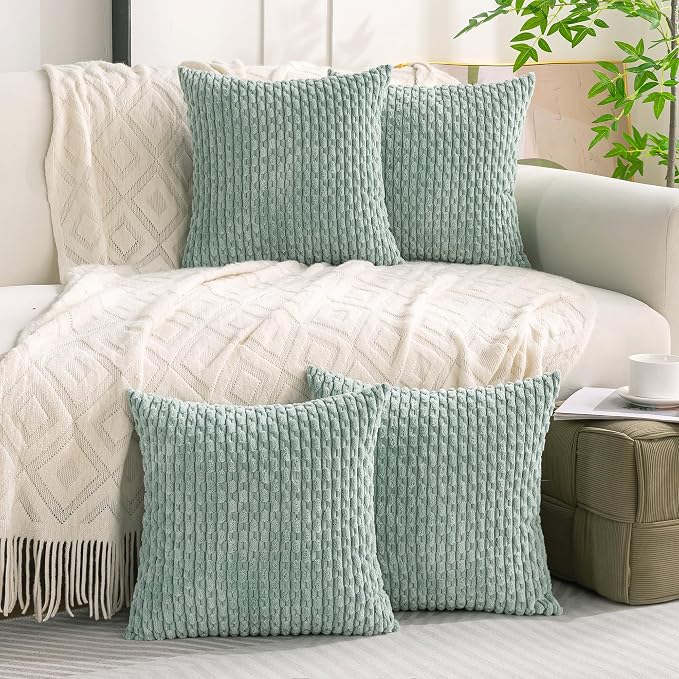 Set of 4 Aqua Decorative Throw Pillow Covers 22x22 Inch Corduroy Pillow Covers - Image 2