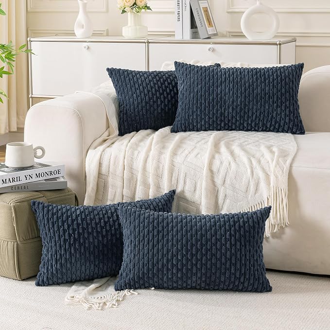 Set of 4 Grey Blue Decorative Throw Pillow Covers 12x20 Inch Corduroy Pillow by Cozoomy