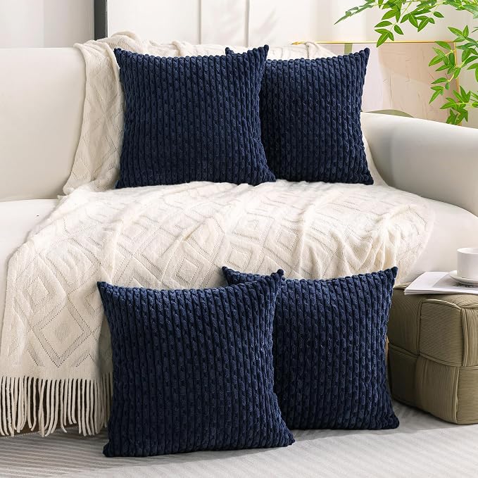 Set of 4 Navy Blue Decorative Throw Pillow Covers 22x22 Inch Corduroy Pillow - Image 2