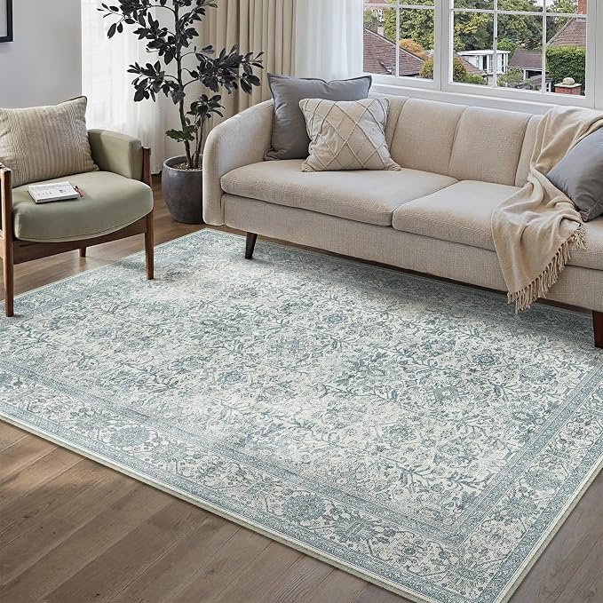 PureCozy Area Rug 5x7 Blue Washable Living Room Carpet Soft Non Slip Vintage - Image 3