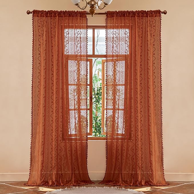 WAZZIO Boho Lace Curtains 96 Inch 2 Panels-Vintage Sheer Panel Drape Floral - Image 3