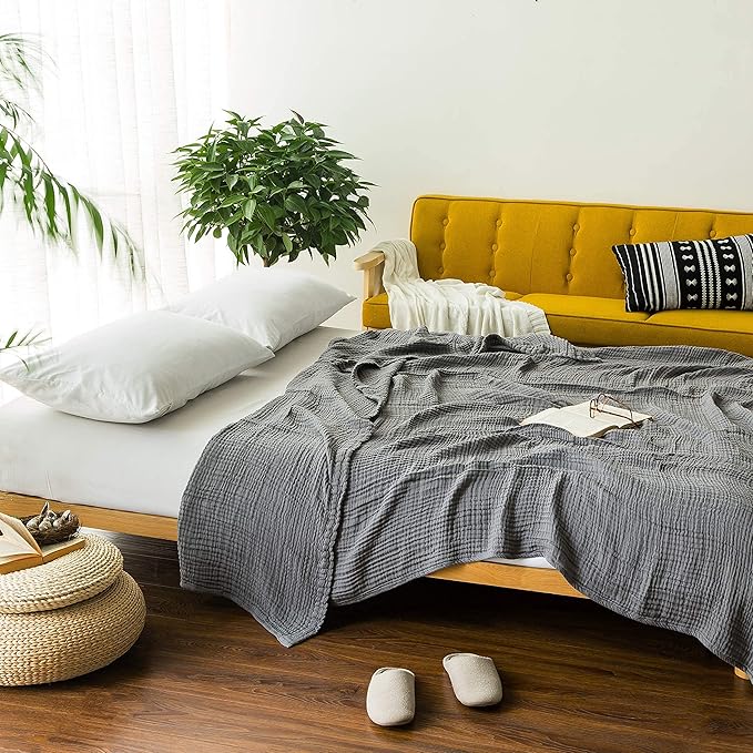 EMME Muslin Grey Twin Blanket 100% Cotton Bed Blankets - Image 6