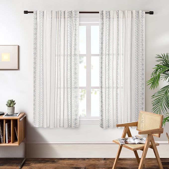MEETSKY Boho Curtains Geometric Semi-Sheer Cotton Curtains 2 Panels Back Tab - Image 2