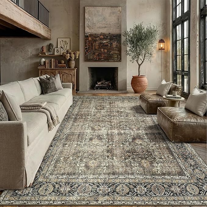 PureCozy Vintage Area Rug 10x12 Brown Washable Living Room Large Carpet Non - Image 2