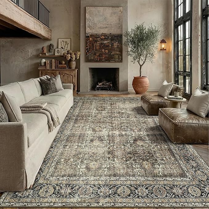 PureCozy Vintage Area Rug 10x14 Brown Washable Living Room Large Carpet Non - Image 3