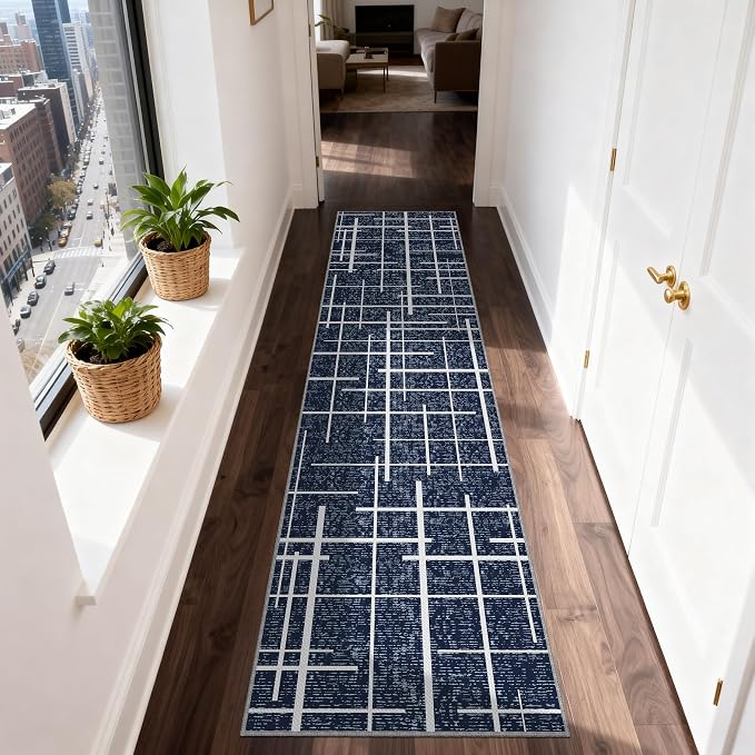 Non Slip Hallway Runner Rug 2x8, Modern Distressed Stripe, Washable Long Rug - Image 2