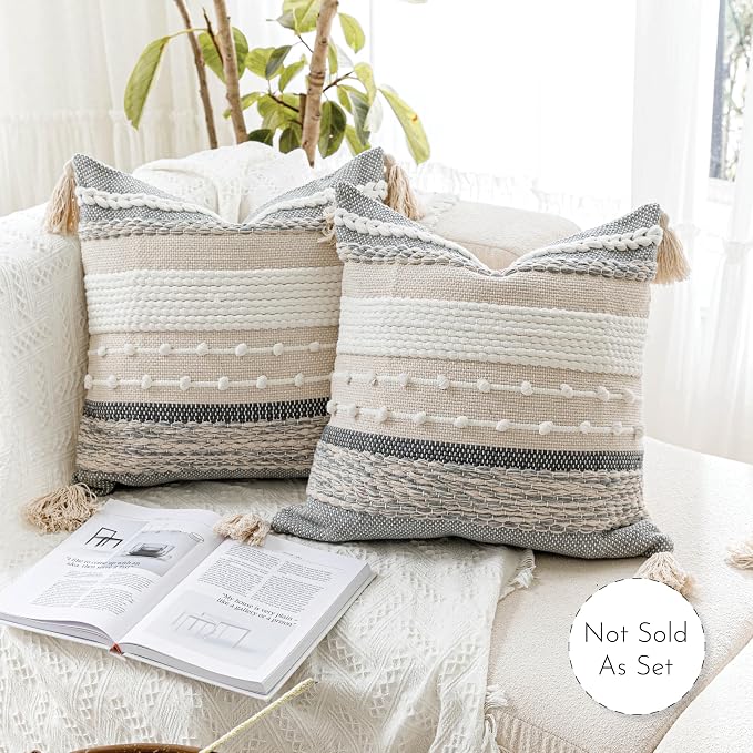 BlissBlush Gray Boho Throw Pillow Cover 22x22, Square Woven Textured Pillowcase - Image 5