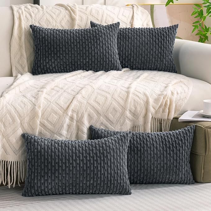 Set of 4 Medium Grey Decorative Throw Pillow Covers 12x20 Inch Corduroy Pillow - Image 2