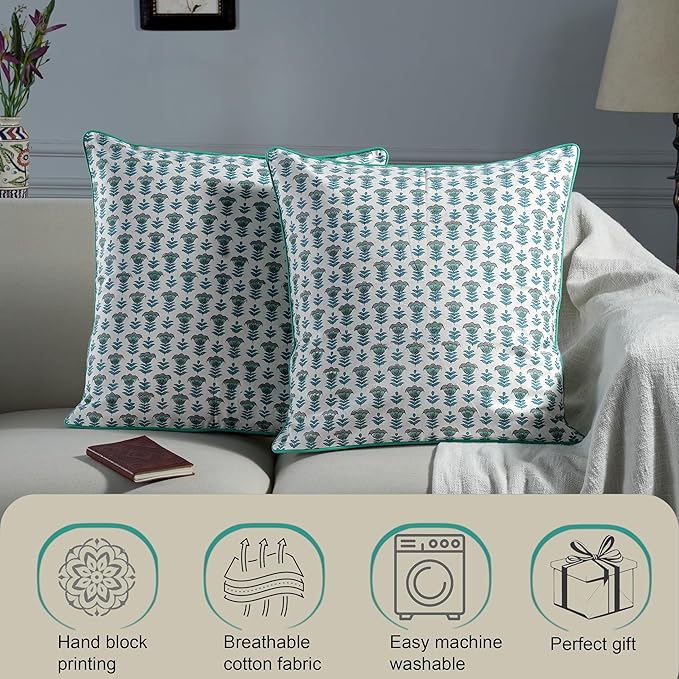 Ridhi Block Print Aquamarine Blue Pillow Cover 20" x 20" Decorative Couch - Image 5