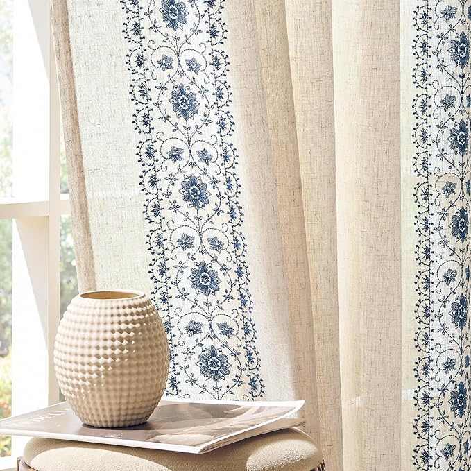 jinchan Weslie Boho Curtains for Living Room Blue Vintage Floral Farmhouse by JINCHAN