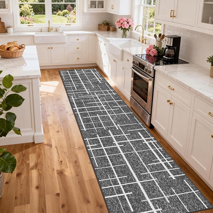 Non Slip Hallway Runner Rug 2.6x12, Modern Distressed Stripe, Washable Extra - Image 3