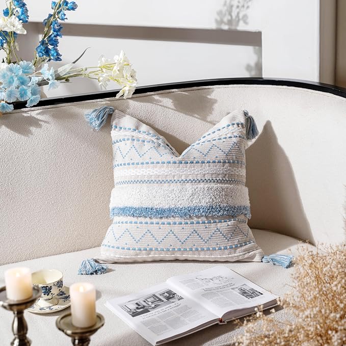 BlissBlush 20X20 Throw Pillow Cover, Coastal Blue Square Decorative Cushion - Image 4