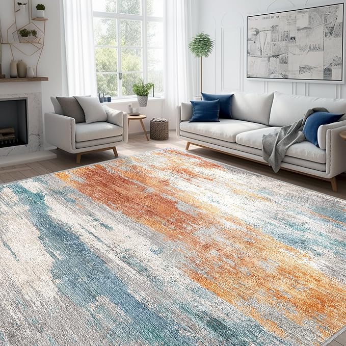 Abstract 10x14 Washable Rug: Modern Non Slip Area Rug Soft Carpet Foldable by Puino