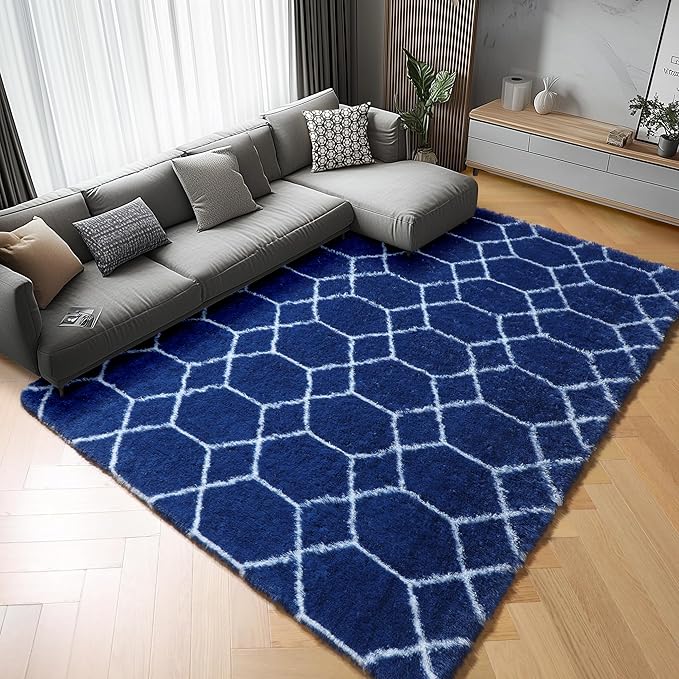 ONASAR 5x7 Area Rugs for Living Room Bedroom, Fluffy Navy Blue and White Throw by ONASAR