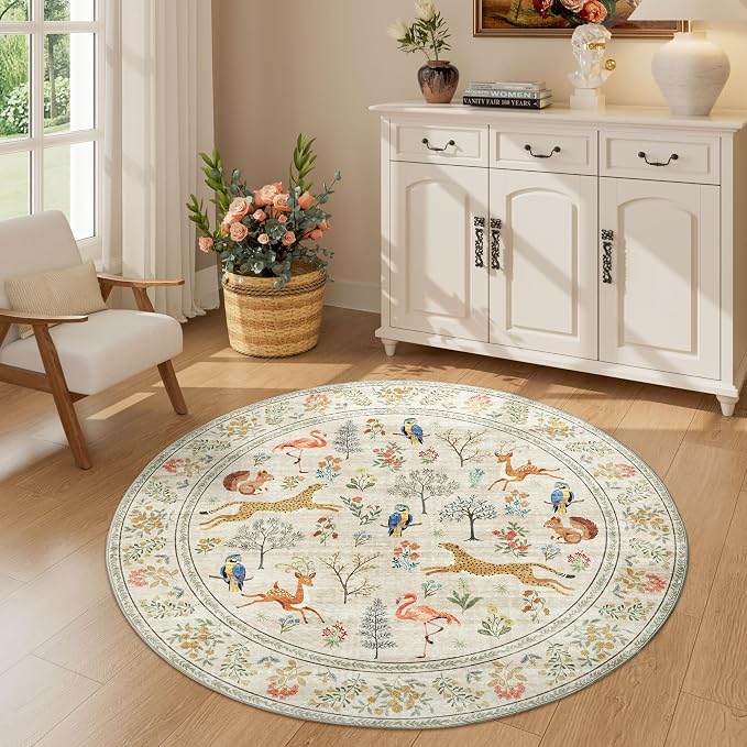 DUKINO 4ft Round Rug, Washable Round Area Rug, Non Slip Indoor Low Pile Animal - Image 2