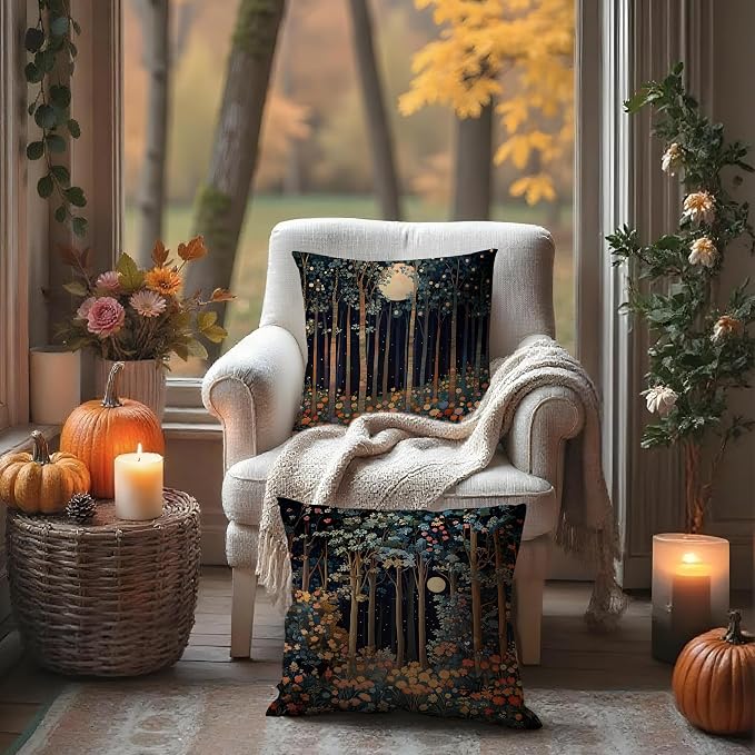 Vintage William Morris Moon Inspired Forest Decor Throw Pillow Covers 18x18 Set - Image 3