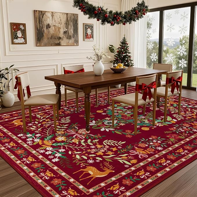 8x10 Area Rugs Living Room Rug: Christmas Washable Rug Floral Soft Carpet - Image 3