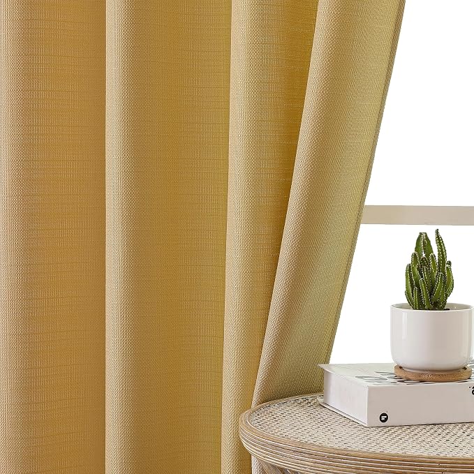 Chyhomenyc Gold Curtains 54 Inch Length 2 Panels, Faux Linen Textured Semi - Image 5