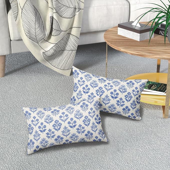 Blue Floral Pillow Covers 12x20 Inch Set of 2, Block Print Lumbar Flower Cream - Image 7