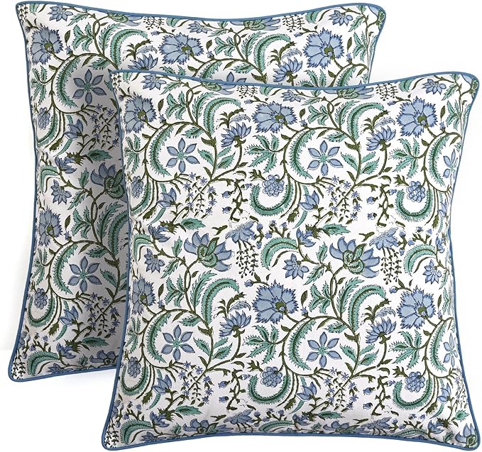Ridhi Block Print Columbia Blue Pillow Cover 18" x 18" Decorative Couch Pillows by Ridhi