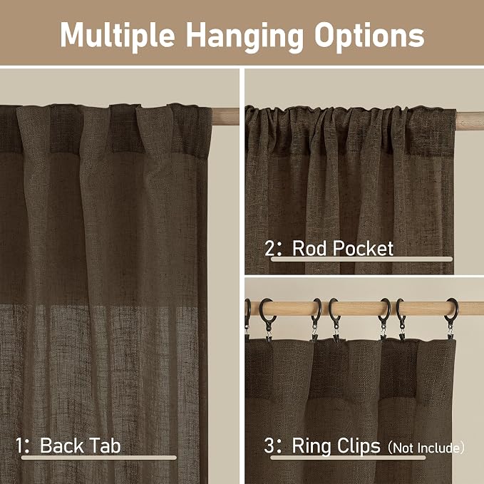 LAMIT Dark Brown Linen Boho Curtains 80 inch Length 2 Panels, Light Filtering - Image 3