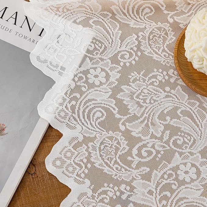Rinwoc White Lace Semi-Sheer Kitchen Valance Curtains – Vintage Floral Lace - Image 7