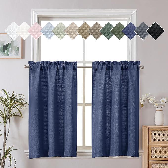 Chyhomenyc Blue Curtains 30 Inch Length, Faux Linen Textured Small Cafe Curtains by Chyhomenyc