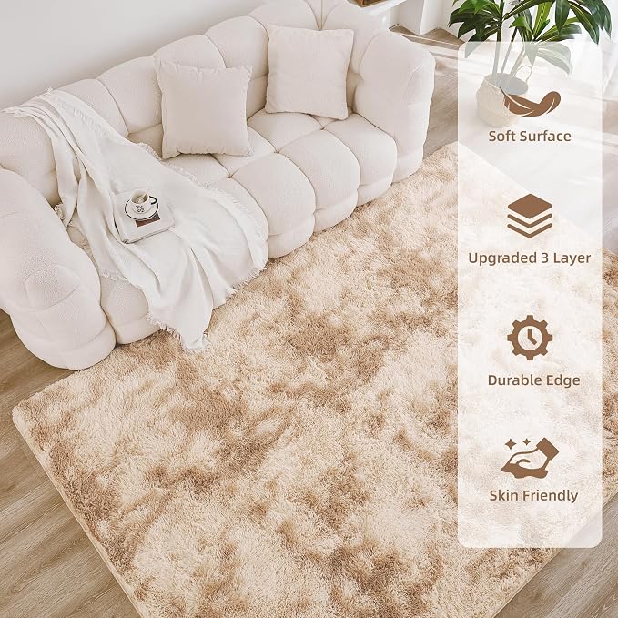 Litanika 9x12 Shag Area Rug for Living Room Bedroom, Tie-Dyed Beige High Pile - Image 4