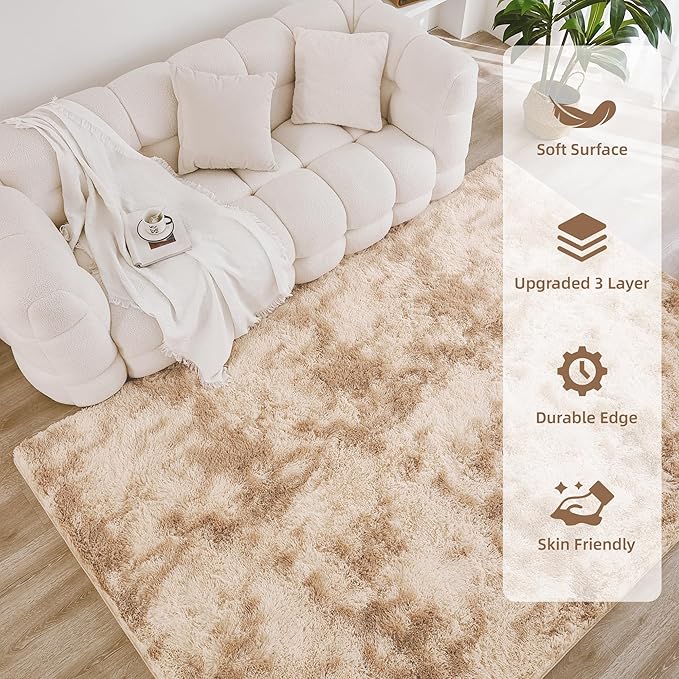 Litanika 4x6 Shag Area Rug for Living Room Bedroom, Tie-Dyed Beige High Pile - Image 4