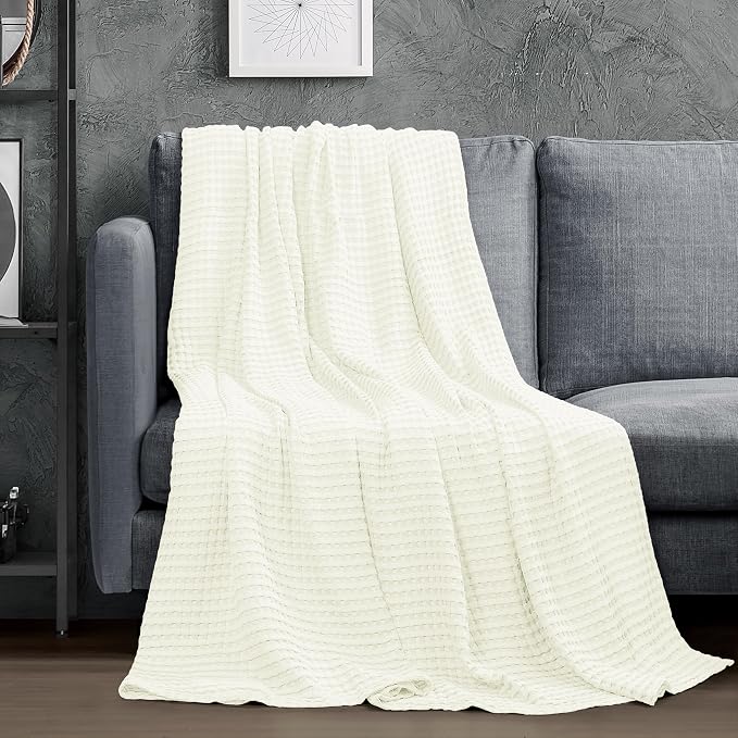 Utopia Bedding Ivory 100% Cotton Waffle Blanket 300 GSM Soft Lightweight - Image 2