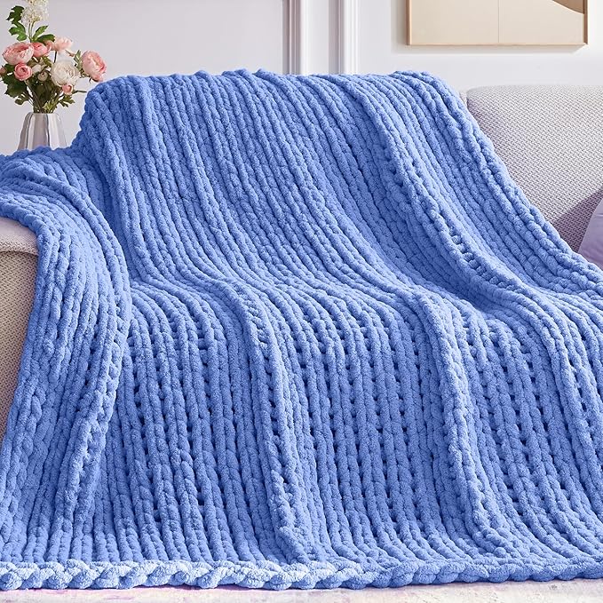 Negwoo Chunky Knit Throw Blanket, Handmade Light Blue Crochet Big Thick Blanket by Unknown