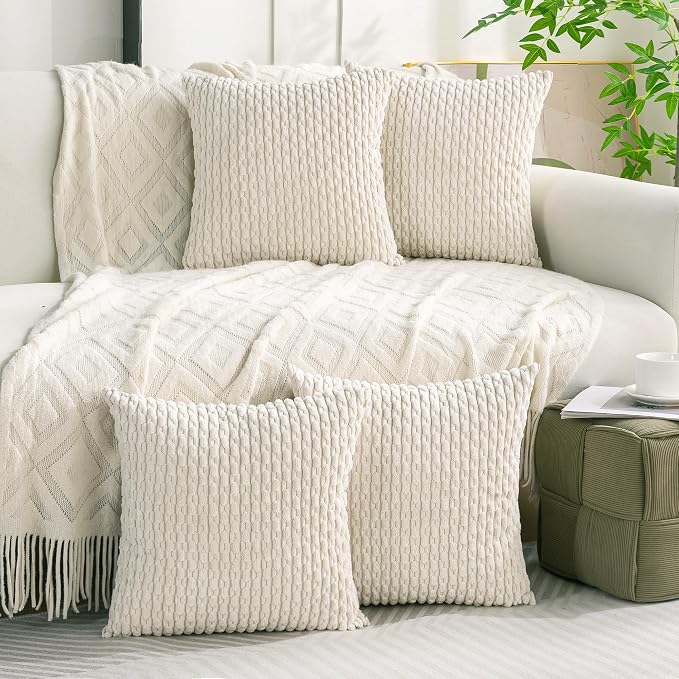 Set of 4 Cream White Decorative Throw Pillow Covers 26x26 Inch Corduroy Pillow - Image 2