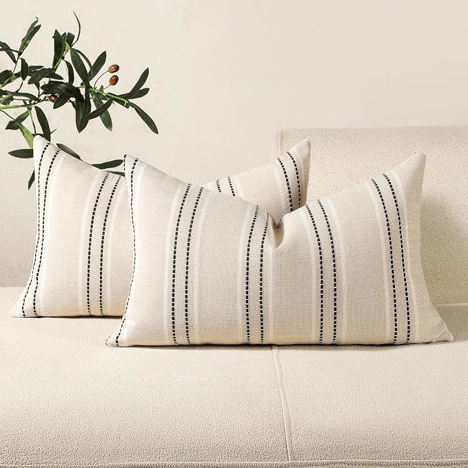 Hckot Throw Pillow Covers 12x20 Set of 2 Striped Pillow Covers Textured Linen by Hckot