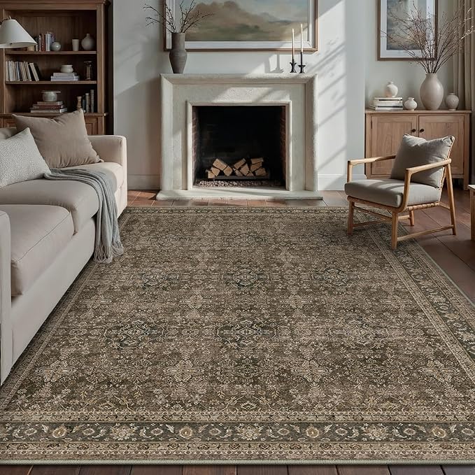 PureCozy 8x10 Area Rug for Living Room Brown Vintage Washable Bedroom Carpet by PureCozy