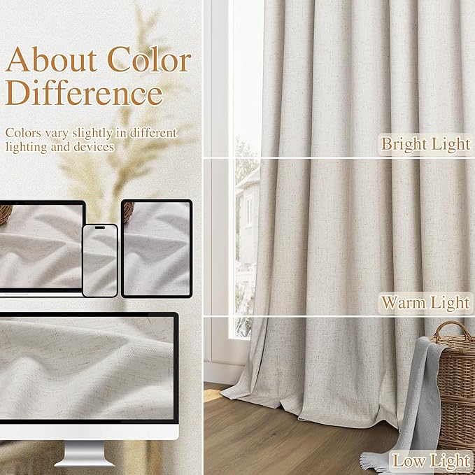 Guken Light Beige 100% Blackout Curtains 112 Inch Length 2 Panels Set Neutral - Image 7