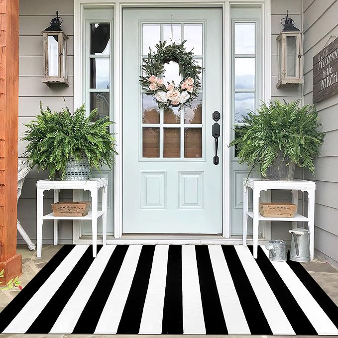 IOHOUZE Black White Striped Rug -4x6 Front Door Mats Outdoor, Washable Rug by iOhouze