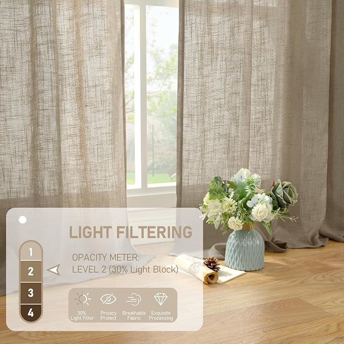 LAMIT Taupe Semi Sheer Linen Curtains 63 Inch Length, Light Filtering Panels - Image 5