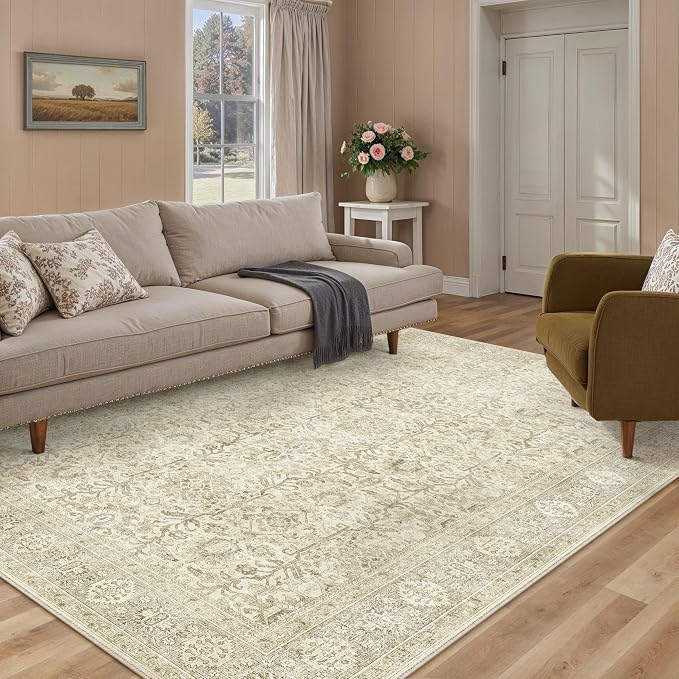 PureCozy Vintage Area Rug 4x5 Beige Entryway Office Washable Carpet Non Slip - Image 3