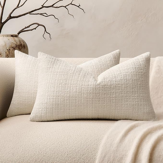 ZeeMart Fine-Textured Lumbar Throw Pillow Covers Set of 2, 12x20 Inch Ivory by ZEEMARTONLINE