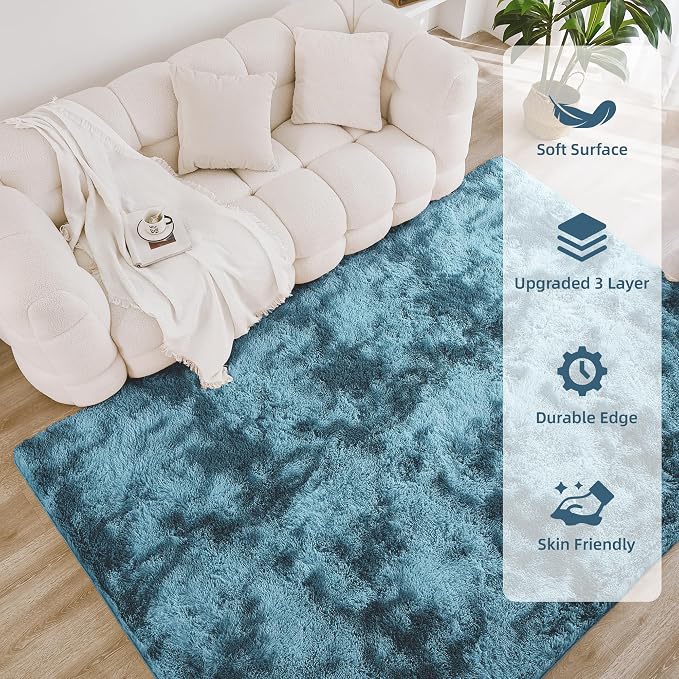 Litanika 9x12 Shag Area Rug for Living Room Bedroom, Tie-Dyed Blue High Pile - Image 4