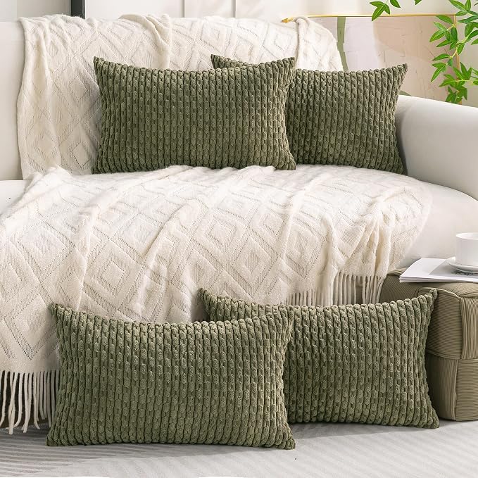 Set of 4 Olive Green Decorative Throw Pillow Covers 12x20 Inch Corduroy Pillow - Image 2