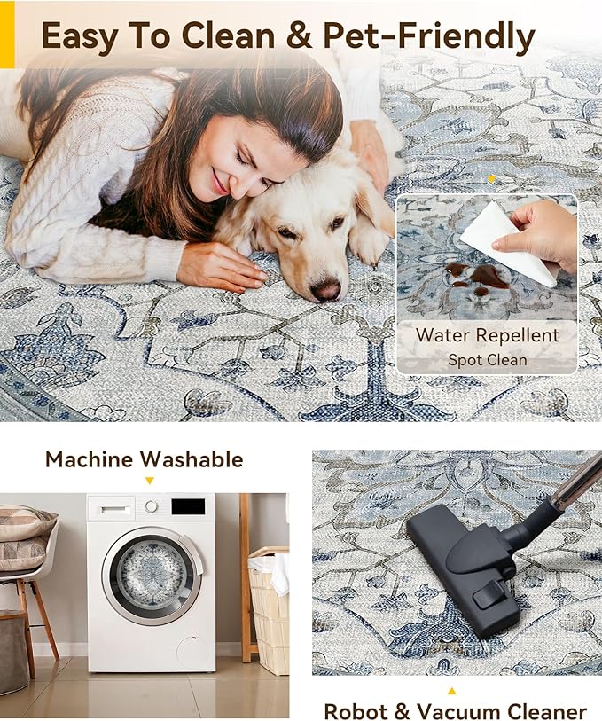 Area Rugs 6ft Washable Non-Slip, Floral Vintage Distress Print Pattern - Image 5