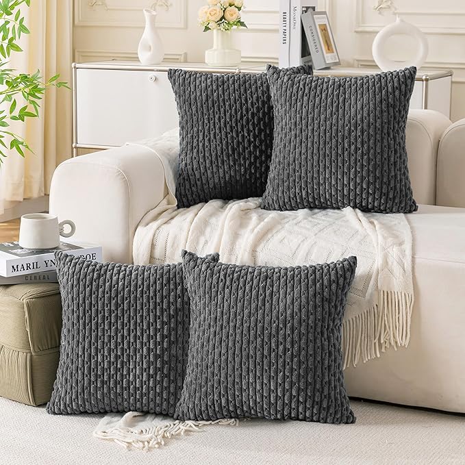 Set of 4 Dark Grey Decorative Throw Pillow Covers 26x26 Inch Corduroy Pillow by Cozoomy