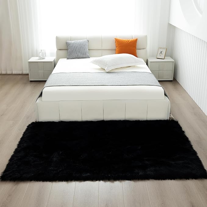 Fluffy Faux Fur Rug Black Sheepskin Area Rug, 4x6 Ft Ultra Soft Shaggy Plush Rug - Image 4