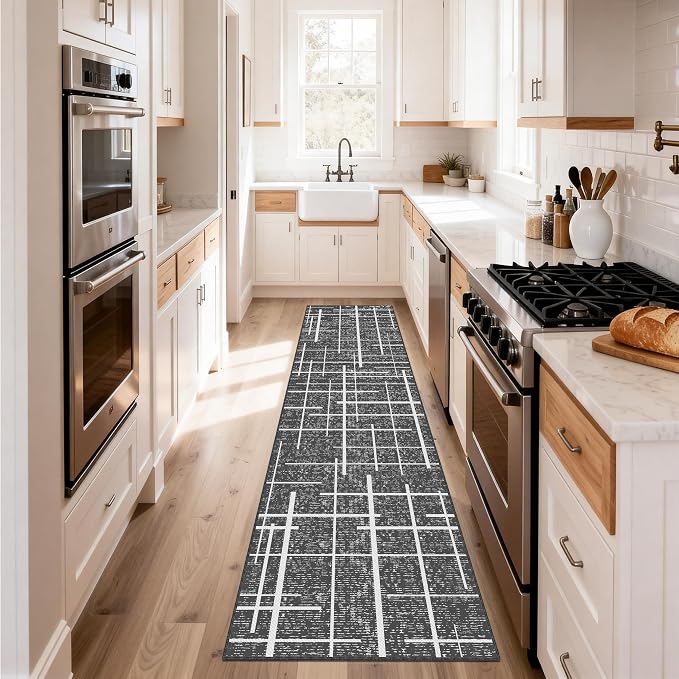 Non Slip Hallway Runner Rug 2x8, Modern Distressed Stripe, Washable Long Rug - Image 8