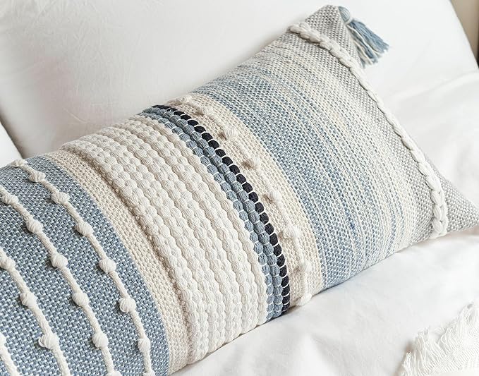 BlissBlush Coastal Blue Decorative Lumbar Pillow Cover 14x36 Boho Long Body - Image 9