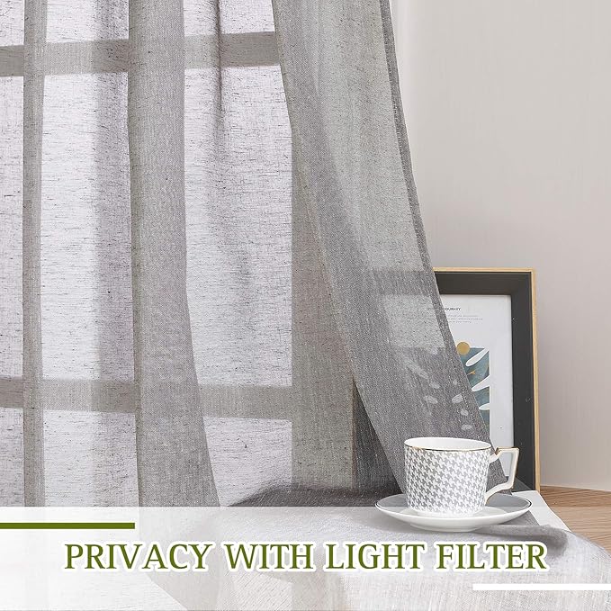 NICETOWN Charcoal Grey Solid Linen Sheer Curtains, Ring Top Thick Flax Light - Image 3