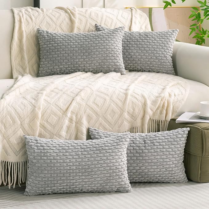 Set of 4 Grey Decorative Throw Pillow Covers 12x20 Inch Corduroy Pillow Covers - Image 2