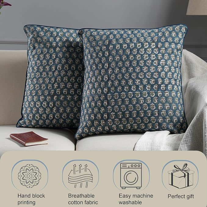Ridhi Block Print Peacock Blue Pillow Cover 20" x 20" Decorative Couch Pillows - Image 7